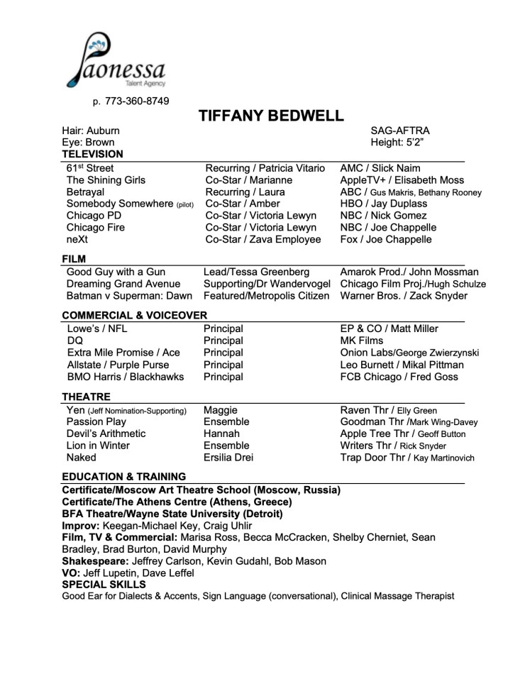 Tiffany Bedwell Paonessa Resume On Camera 20210927